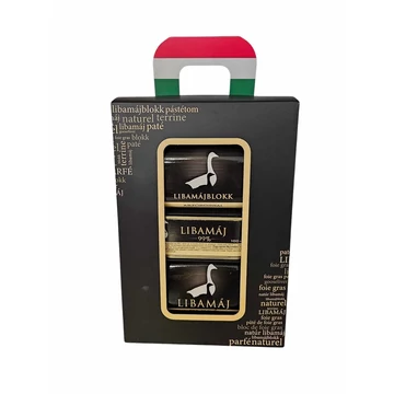 Libamáj termékek díszdobozban (1db Libamájblokk aszuborral 145 g, 1db Libamáj 100 g, 1 db Libamáj parfé 145 g)