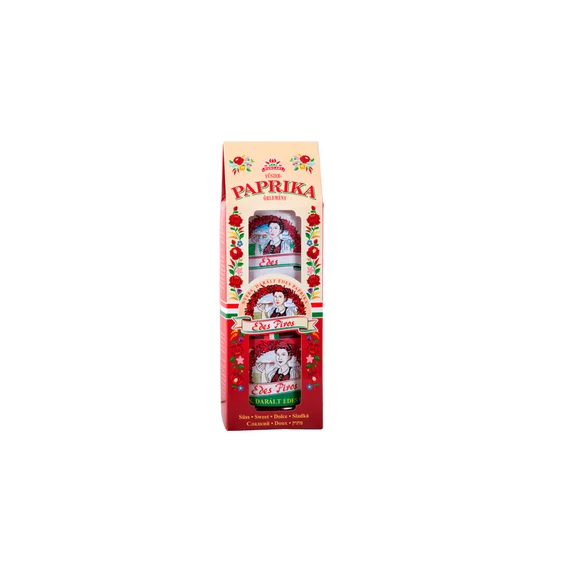 Édes Piros Kalocsai mintás díszdobozban 50g édes fűszerpaprika őrlemény 210g Édes Piros paprikakrém