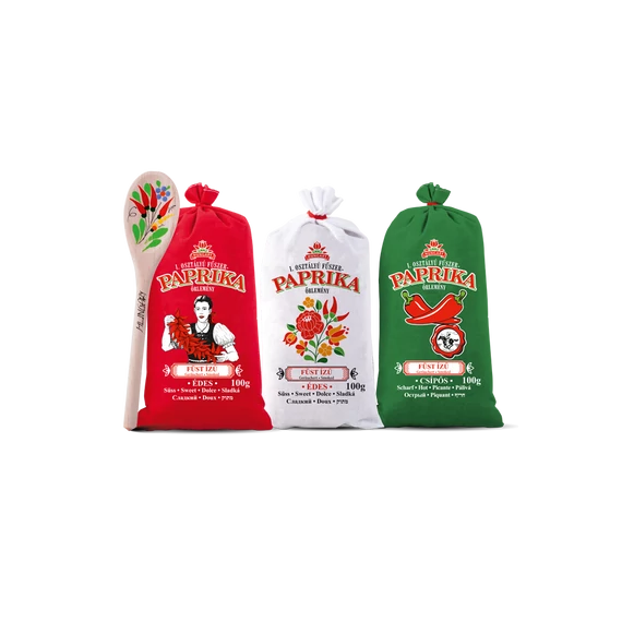 Füst ízű fűszerpaprika őrlemény  2x100 g édes 1x100 g csípős vászonzsákban fakanállal